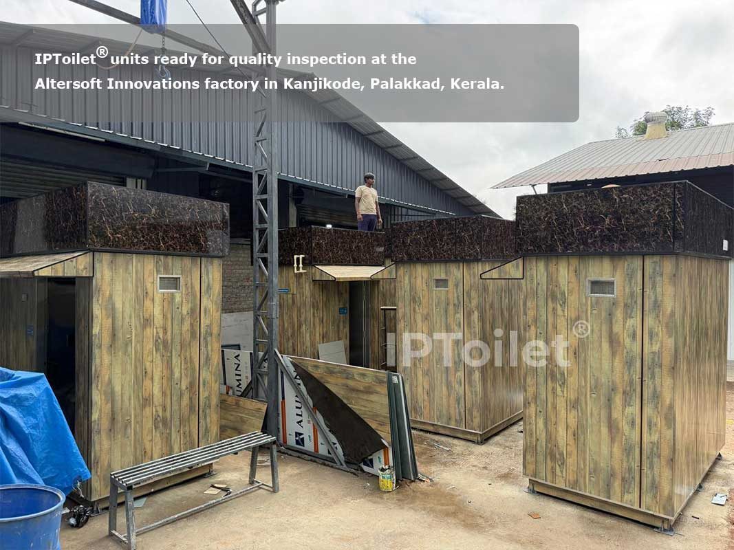 IPToilet® public toilet unit exterior — green powder-coated steel panels